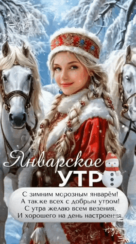 Поздравительная открытка «Январское утро»: девушка в русском стиле и белые лошади на фоне зимнего леса. Пожелание везения и хорошего настроения! Анимированная открытка Январское утро! С зимним морозным январем! А также всех с добрым утром! С утра желаю всем везения. Красивая поздравительная открытка к январю. На изображении молодая девушка с длинными светлыми косами в традиционном русском зимнем наряде с меховой отделкой. Она стоит на фоне двух белоснежных лошадей в заснеженном зимнем лесу. На картинке присутствует текст на русском языке: «Январское утро. С зимним морозным январем! А также всех с добрым утром! С утра желаю всем везения
