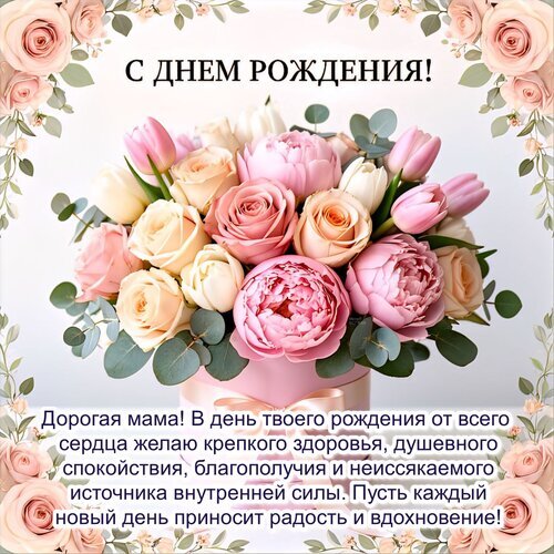 Поздравительная открытка «С днем рождения, мама!» с роскошным букетом розовых роз и пионов. Нежное и трогательное пожелание для любимой мамы. Открытка С днем рождения! Красивая поздравительная открытка к дню рождения мамы с пышным букетом нежных роз и пионов в розовых и кремовых тонах. На изображении представлена трогательная надпись на русском языке: «С днем рождения!» и душевное пожелание маме здоровья, спокойствия и вдохновения