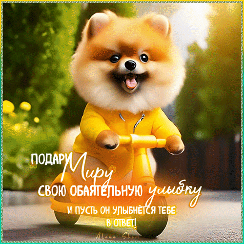 Милый шпиц на скутере с мотивирующей цитатой: «Подари миру свою обаятельную улыбку!». Яркая картинка для хорошего настроения и позитивных пожеланий. Анимированная открытка Улыбнись, сегодня хороший день! Милое изображение пушистого померанского шпица в желтом костюме, который едет на игрушечном скутере. На картинке наложен вдохновляющий текст на русском языке: «Подари миру свою обаятельную улыбку и пусть он улыбнется тебе в ответ!». Яркая, позитивная и эмоциональная иллюстрация, идеально подходящая для открыток, пожеланий хорошего настроения, социальных сетей и сторис