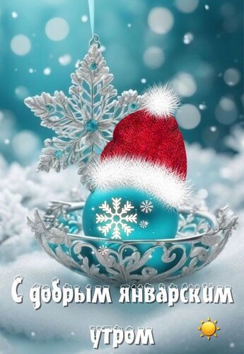 Праздничная открытка «С добрым январским утром» с новогодними украшениями: снежинкой, шаром в шапке Санты и зимним пейзажем. Открытка С добрым январским утром Красивая праздничная открытка с новогодним настроением. На фоне заснеженного пейзажа с мерцающими огоньками изображены изысканная серебряная снежинка, голубой елочный шар в красной шапке Санта-Клауса и декоративная чаша. На изображении присутствует поздравительная надпись на русском языке: С добрым январским утром Праздничная открытка «С добрым январским утром» с новогодними украшениями: снежинкой, шаром в шапке Санты и зимним пейзажем. Открытка С добрым январским утром Красивая праздничная открытка с новогодним настроением. На фоне заснеженного пейзажа с мерцающими огоньками изображены изысканная серебряная снежинка, голубой елочный шар в красной шапке Санта-Клауса и декоративная чаша. На изображении присутствует поздравительная надпись на русском языке: С добрым январским утром