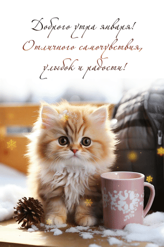 Милая открытка: рыжий котенок на снегу с пожеланием доброго января! Отличное настроение, улыбок и радости в это зимнее утро. Анимированная открытка Доброе утро Января! Милая зимняя открытка с пушистым рыжим котенком, сидящим на снегу рядом с розовой кружкой и шишкой. На изображении праздничный текст на русском языке: «Доброго утра января! Отличного самочувствия, улыбок и радости!» Милая открытка: рыжий котенок на снегу с пожеланием доброго января! Отличное настроение, улыбок и радости в это зимнее утро. Анимированная открытка Доброе утро Января! Милая зимняя открытка с пушистым рыжим котенком, сидящим на снегу рядом с розовой кружкой и шишкой. На изображении праздничный текст на русском языке: «Доброго утра января! Отличного самочувствия, улыбок и радости!»