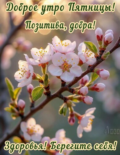 Доброе утро пятницы! Красивые розовые цветы с пожеланиями позитива, добра и здоровья. Идеальная открытка для весеннего настроения и доброго утра! Открытка Пятница Красивое приветственное изображение для пятницы с нежными розовыми цветами цветущей ветки на фоне мягкого солнечного света. На картинке нанесен поздравительный текст на русском языке: «Доброе утро Пятницы! Позитива, добра! Здоровья! Берегите себя!»