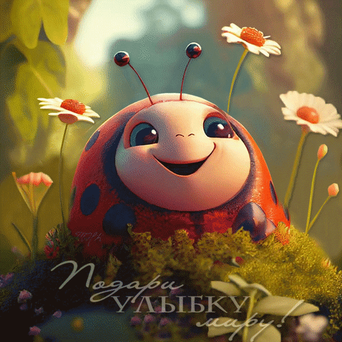 Милая 3D-картинка с улыбающейся божьей коровкой и ромашками. Надпись: «Подари улыбку миру!». Идеально для открыток и пожеланий позитива. Анимированная открытка Подари улыбку миру! Милая 3D-иллюстрация с изображением очаровательного божьей коровки в стиле мультфильмов Pixar. Счастливое насекомое с большими глазами и широкой улыбкой окружено нежными белыми ромашками на фоне мягкого солнечного света. На изображении присутствует поздравительная надпись на русском языке: «Подари улыбку миру!»
