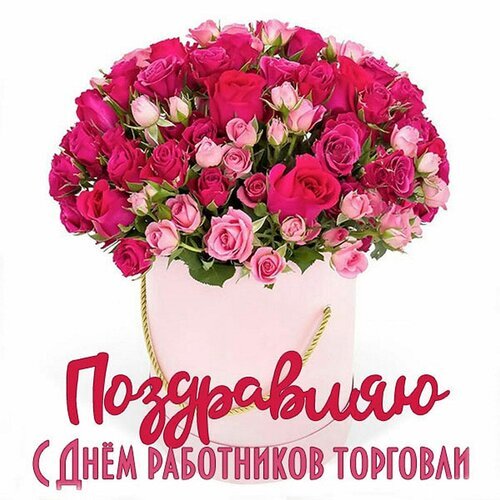 Поздравление с Днем работников торговли: пышный букет розовых роз в стильной коробке. Красивая открытка для коллег и сотрудников сферы торговли. Открытка С днем работника торговли Красивый букет из пышных розовых и темно-розовых роз в элегантной розовой подарочной коробке. На изображении расположена поздравительная надпись на русском языке: «Поздравляю с Днем работников торговли». Идеальное праздничное изображение для открытки, поздравления коллег, партнеров или сотрудников сферы торговли