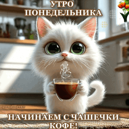 Милый котенок с чашкой кофе и надписью «Утро понедельника. Начинаем с чашечки кофе!». Уютная картинка для хорошего настроения в начале недели. Анимированная открытка Доброе утро! Милое и уютное изображение белого пушистого котенка с огромными выразительными глазами, который держит чашку горячего кофе. На картинке надпись на русском языке: «УТРО ПОНЕДЕЛЬНИКА. НАЧИНАЕМ С ЧАШЕЧКИ КОФЕ!». Иллюстрация выполнена в стиле цифровой живописи, передающей атмосферу доброго и спокойного начала рабочей недели