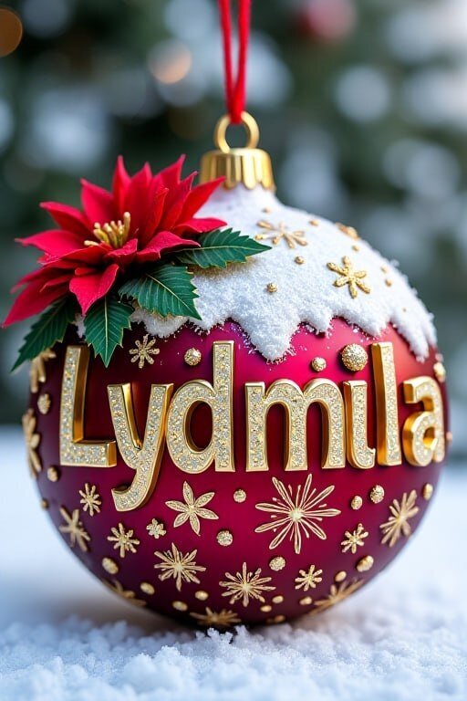 Персонализированный рождественский шар бордового цвета с именем Lydmila, украшенный золотыми снежинками и цветком пуансеттии на снегу. Открытка Шар для Людмилы Красивый праздничный рождественский шар (елочная игрушка) глубокого бордового цвета, украшенный золотистыми снежинками и блестками. На вершине игрушки красуется пышный красный цветок пуансеттии с зелеными листьями. В центре шара золотыми объемными буквами с глиттером написано имя «Lydmila». Игрушка лежит на пушистом белом снегу, создавая атмосферу зимней сказки. Задний план мягко размыт, создавая эффект праздничных огней боке