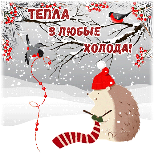 Уютная зимняя открытка с ежиком и надписью «Тепла в любые холода!». Милая иллюстрация с птицами, снегом и красными ягодами для зимнего настроения. Анимированная открытка Тепла в любые холода! Милая зимняя иллюстрация с изображением ежика в красной шапке и полосатом шарфе на фоне заснеженного леса. На ветках деревьев сидят птицы, а вокруг летает снег. На картинке надпись на русском языке: «ТЕПЛА В ЛЮБЫЕ ХОЛОДА!». Уютная и теплая открытка, идеально подходящая для пожелания тепла, уюта и душевного спокойствия в зимний период