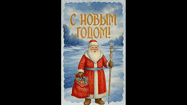Новогодняя открытка с Дедом Морозом в акварельном стиле. Дед Мороз с подарками и посохом на фоне зимнего пейзажа. Надпись «С Новым годом!» Анимированная открытка С Новым годом! Праздничная новогодняя открытка в акварельном стиле. На изображении представлен классический Дед Мороз в красной шубе с белой меховой оторочкой, держащий в одной руке посох со звездой, а в другой — большой красный мешок с подарками. На фоне — зимний заснеженный пейзаж в голубых и синих тонах. Сверху расположена золотистая надпись на русском языке: «С НОВЫМ ГОДОМ!»