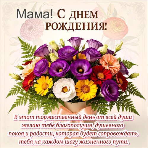 Красивая поздравительная открытка «Мама! С днем рождения!» с пышным букетом ярких цветов и душевными пожеланиями благополучия и радости. Открытка Мама! С днем рождения! Красочная поздравительная открытка к дню рождения мамы. На изображении представлен пышный и яркий букет из фиолетовых эустомы, желтых и красных гербер, а также белого цветка, дополненный зеленью папоротника. На фоне — нежные акварельные розы. На картинке расположен праздничный текст на русском языке: «Мама! С днем рождения!» и теплое пожелание благополучия, душевного покоя и радости на жизненном пути