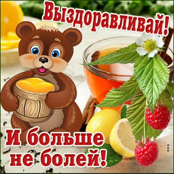 Пожелание скорейшего выздоровления: милый медвежонок с медом, чай, малина и лимон. Текст: «Выздоравливай! И больше не болей!» — добрая открытка для близких. Открытка Выздоравливай Яркая и позитивная открытка для выздоровления с милым мультяшным медвежонком, держащим горшочек меда. На изображении также представлены полезные продукты для укрепления иммунитета: чашка ароматного чая, свежие ягоды малины, сочные лимоны и палочки корицы. На картинке крупный красный текст на русском языке: «Выздоравливай! И больше не болей!»