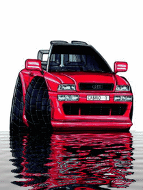 Стилизованный красный кабриолет Audi с широкими колесами, отражающийся в воде. Яркая цифровая иллюстрация в сюрреалистичном стиле. Анимированная открытка Авто анимированные GIF автомобилей Стилизованное художественное изображение красного кабриолета Audi на фоне белого пространства. Автомобиль представлен в необычной художественной манере с гипертрофированными широкими колесами, имеющими выраженную текстуру протектора. Передняя часть машины отражается в зеркальной водной поверхности, создавая динамичный эффект ряби. Яркий красный цвет кузова контрастирует с темными элементами колес и детализированной передней решеткой радиатора с логотипом