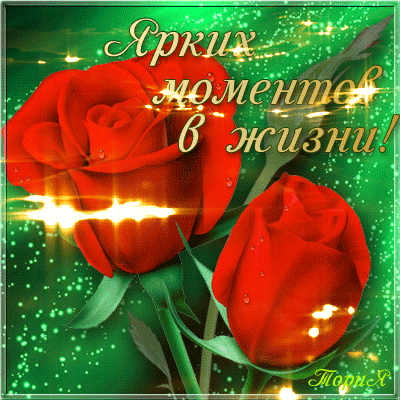 Красивая открытка с красными розами и надписью Ярких моментов в жизни!. Пожелание счастья и позитива в ярком, праздничном стиле. Анимированная открытка Ярких моментов в жизни! Красивая поздравительная открытка с изображением двух ярко-красных роз на изумрудно-зеленом фоне. На картинке видна капли росы на лепестках, создающие эффект свежести. Изображение дополнено магическим сиянием, сверкающими бликами и вдохновляющей надписью на русском языке: Ярких моментов в жизни! Красивая открытка с красными розами и надписью Ярких моментов в жизни!. Пожелание счастья и позитива в ярком, праздничном стиле. Анимированная открытка Ярких моментов в жизни! Красивая поздравительная открытка с изображением двух ярко-красных роз на изумрудно-зеленом фоне. На картинке видна капли росы на лепестках, создающие эффект свежести. Изображение дополнено магическим сиянием, сверкающими бликами и вдохновляющей надписью на русском языке: Ярких моментов в жизни!