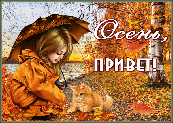 Уютная осенняя открытка: девочка в дождевике и рыжий котенок под зонтом на фоне золотого парка. Надпись «Осень, привет!» — идеальное осеннее настроение. Анимированная открытка Привет, Осень! Живописная осенняя открытка с изображением милой девочки в оранжевом дождевике под зонтом, которая играет с рыжим котенком в осеннем парке. На фоне — золотая осень, береза и спокойное озеро. Крупная надпись на русском языке «Осень, привет!» создает теплое, уютное настроение