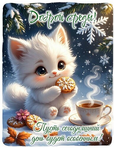 Милый белый котенок с чашкой кофе и печеньем. Открытка с пожеланием «Доброй среды! Пусть сегодняшний день будет особенным!» в зимнем стиле. Открытка Доброй среды! Милая и уютная открытка с пушистым белым котенком в зимней атмосфере. На картинке изображен очаровательный котенок, который держит печенье в виде снежинки, рядом стоит чашка горячего ароматного кофе или чая с поднимающимся паром. Фон украшен заснеженными еловыми ветками и падающими снежинками. Надпись на русском языке гласит: «Доброй среды! Пусть сегодняшний день будет особенным!»