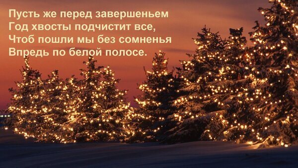 Новогодняя открытка с заснеженными елками в огнях гирлянд и пожеланием «белой полосы» на фоне зимнего заката. Праздничная зимняя атмосфера. Открытка Пусть же перед завершеньем Год хвосты подчистит все, Чтоб пошли мы без сомненья Впредь по белой поло Праздничное зимнее изображение с заснеженными елями, украшенными теплыми золотистыми гирляндами на фоне живописного закатного неба. На картинке наложен поэтический текст на русском языке о надеждах на новый год и «белой полосе» в жизни. Атмосферная открытка, передающая уют, магию зимнего вечера и предвкушение праздника