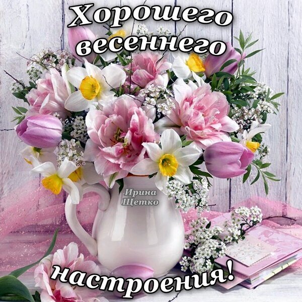 Красивый весенний букет пионов, тюльпанов и нарциссов с надписью «Хорошего весеннего настроения!». Идеальная открытка для поздравления с весной. Открытка Хорошего весеннего настроения! Красивый весенний букет из розовых пионов, нежных тюльпанов и желтых нарциссов в белой вазе. На картинке наложен вдохновляющий текст «Хорошего весеннего настроения!». Идеальное праздничное изображение для поздравления близких с приходом весны, дарения радости и создания позитивного настроя