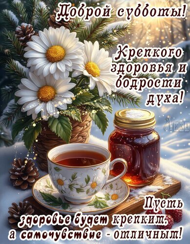 Открытка «Доброй субботы!» с пожеланиями здоровья и бодрости. Букет ромашек, мед и чашка чая. Красивое поздравление для друзей и близких. Открытка Суббота Красивая поздравительная открытка с пожеланиями доброй субботы, крепкого здоровья и бодрости духа. На изображении нежный букет белых ромашек в корзине, баночка ароматного меда и чашка горячего чая на фоне заснеженного пейзажа