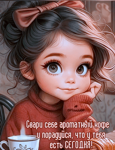 Милая девочка с чашкой ароматного кофе и мотивирующей надписью на русском языке: «Свари себе ароматный кофе и порадуйся, что у тебя есть СЕГОДНЯ!» Анимированная открытка Свари себе ароматный кофе и порадуйся, что у тебя есть сегодня! Милое цифровое изображение в стиле мультяшного 3D-арта, изображающее очаровательную маленькую девочку с большими выразительными глазами. Девочка одета в уютный красно-коричневый свитер и имеет пышную прическу с бантом. Она мечтательно смотрит вперед, подперев подбородок рукой. На переднем плане видна чашка дымящегося кофе. На картинке присутствует вдохновляющая надпись на русском языке: «Свари себе ароматный кофе и порадуйся, что у тебя есть СЕГОДНЯ!»