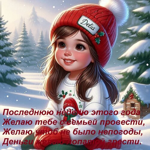 Милая зимняя открытка с девочкой в красной шапке и пожеланиями на последнюю неделю года. Идеально для новогодних поздравлений и соцсетей. Открытка Последнюю неделю этого года желаю тебе с семьей провести, желаю чтоб не было непогоды, деньги желаю Милая цифровая иллюстрация маленькой девочки в красной вязаной шапке с помпоном и уютном зимнем свитере на фоне заснеженного хвойного леса. На картинке наложен праздничный текст на русском языке с добрыми пожеланиями на последнюю неделю года: провести время с семьей, избежать непогоды и накопить много денег Милая зимняя открытка с девочкой в красной шапке и пожеланиями на последнюю неделю года. Идеально для новогодних поздравлений и соцсетей. Открытка Последнюю неделю этого года желаю тебе с семьей провести, желаю чтоб не было непогоды, деньги желаю Милая цифровая иллюстрация маленькой девочки в красной вязаной шапке с помпоном и уютном зимнем свитере на фоне заснеженного хвойного леса. На картинке наложен праздничный текст на русском языке с добрыми пожеланиями на последнюю неделю года: провести время с семьей, избежать непогоды и накопить много денег