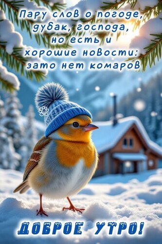 Зимняя открытка «Доброе утро!» с забавным текстом про мороз и отсутствие комаров. Милая птичка в шапочке на фоне заснеженного дома. Открытка Доброе утро! Пару слов о погоде, дубак, господа... Милая зимняя открытка с изображением пушистой птички в голубой вязаной шапочке на фоне заснеженного домика. На картинке расположен текст на русском языке: «Пару слов о погоде, дубак, господа, но есть и хорошие новости: зато нет комаров» и приветствие «ДОБРОЕ УТРО!» Зимняя открытка «Доброе утро!» с забавным текстом про мороз и отсутствие комаров. Милая птичка в шапочке на фоне заснеженного дома. Открытка Доброе утро! Пару слов о погоде, дубак, господа... Милая зимняя открытка с изображением пушистой птички в голубой вязаной шапочке на фоне заснеженного домика. На картинке расположен текст на русском языке: «Пару слов о погоде, дубак, господа, но есть и хорошие новости: зато нет комаров» и приветствие «ДОБРОЕ УТРО!»