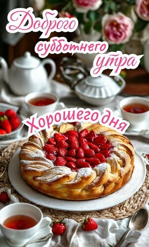 Доброе субботнее утро! Красивая открытка с аппетитным клубничным пирогом, чаем и цветами для отличного настроения и хорошего дня. Открытка Доброе утро Аппетитная открытка с пожеланием доброго субботнего утра. На переднем плане — свежеиспеченный домашний пирог с яркой клубникой, посыпанный сахарной пудрой. На столе уютный завтрак: белая чайная посуда, ароматный чай и спелые ягоды клубники. Фон украшен нежными розовыми розами, создавая атмосферу тепла, уюта и праздничного настроения выходного дня