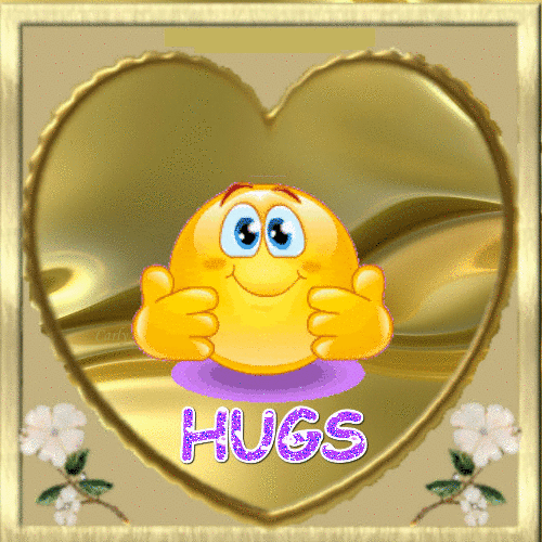 Милый желтый смайлик в золотом сердце с надписью HUGS. Теплая поздравительная открытка, передающая чувства любви, заботы и дружеских объятий. Анимированная открытка Hugs heart gold frame png Яркая и эмоциональная поздравительная открытка в золотых тонах. В центре композиции находится милый желтый смайлик с большими выразительными глазами, который словно обнимает сам себя. Смайлик расположен внутри большого золотого сердца с глянцевым блеском. В нижней части изображения расположена крупная надпись «HUGS» (Объятия), выполненная в фиолетовом блестящем стиле. Декор дополняют нежные белые цветы по углам