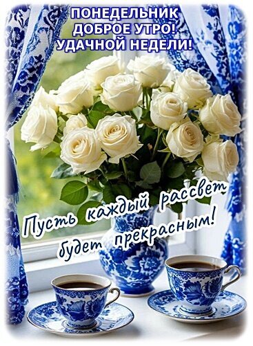 Доброе утро и удачного понедельника! Красивая открытка с белыми розами, кофе и пожеланием прекрасного начала недели. Открытка Понедельник. Доброе утро! Удачной недели! Красивая поздравительная открытка к понедельнику с букетом нежных белых роз в синей вазе. На изображении уютный натюрморт: цветы на подоконнике, две чашки ароматного кофе в тонкой сине-белой посуде и светлый интерьер. Текст на русском языке гласит: Понедельник. Доброе утро! Удачной недели! Пусть каждый рассвет будет прекрасным!
