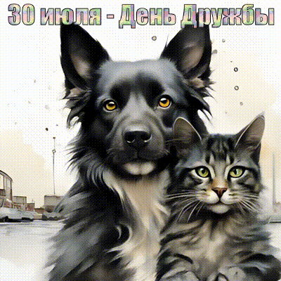Праздничная открытка к Дню дружбы 30 июля с изображением милой собаки и кошки. Символ преданности и теплых отношений между питомцами. Анимированная открытка День дружбы Красочная праздничная открытка к Международному дню дружбы (30 июля). На изображении крупным планом запечатлены милые и преданные животные: черная пушистая собака и полосатая кошка. Иллюстрация передает атмосферу тепла, верности и крепкой дружбы между питомцами