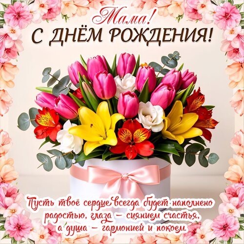 Красивая открытка «Мама, с днем рождения!» с пышным букетом тюльпанов и лилий в коробке. Трогательное поздравление с пожеланиями счастья и гармонии. Открытка Мама! С днем рождения! Красивая поздравительная открытка к дню рождения мамы. На изображении представлен пышный букет из ярких розовых тюльпанов, желтых лилий и красных альстромерий в элегантной белой подарочной коробке с розовым бантом. Картинка украшена нежной цветочной рамкой из розовых цветов. Сверху начертана праздничная надпись на русском языке: «Мама! С Днем Рождения!», а снизу — трогательное пожелание: «Пусть твое сердце всегда будет наполнено радостью, глаза — сиянием счастья, а душа — гармонией и покоем»