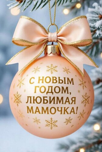 Праздничная открытка: розовый елочный шар с золотым бантом и надписью С Новым годом, любимая мамочка!. Теплое новогоднее поздравление для мамы. Открытка С Новым годом, любимая мамочка! Красивая праздничная открытка с изображением нежно-розового елочного шара, украшенного золотистыми снежинками и пышным атласным бантом с золотой каймой. На шаре каллиграфическим золотым шрифтом нанесено теплое поздравление на русском языке: С НОВЫМ ГОДОМ, ЛЮБИМАЯ МАМОЧКА!. Фон размытый, зимний, с эффектом мерцающих огней и заснеженных веток ели, что создает атмосферу уюта, праздника и любви Праздничная открытка: розовый елочный шар с золотым бантом и надписью С Новым годом, любимая мамочка!. Теплое новогоднее поздравление для мамы. Открытка С Новым годом, любимая мамочка! Красивая праздничная открытка с изображением нежно-розового елочного шара, украшенного золотистыми снежинками и пышным атласным бантом с золотой каймой. На шаре каллиграфическим золотым шрифтом нанесено теплое поздравление на русском языке: С НОВЫМ ГОДОМ, ЛЮБИМАЯ МАМОЧКА!. Фон размытый, зимний, с эффектом мерцающих огней и заснеженных веток ели, что создает атмосферу уюта, праздника и любви
