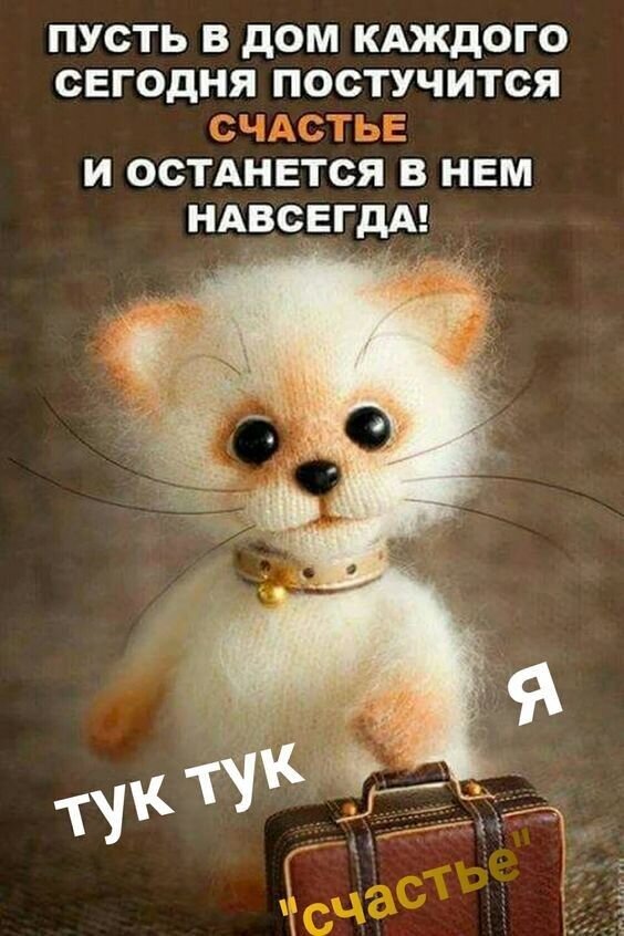 Милая открытка с пушистым котенком и пожеланием счастья. Добрые слова для близких и друзей, чтобы наполнить день радостью и уютом. Открытка Пусть в дом каждого сегодня постучится счастье! Милая и уютная открытка с изображением пушистого белого котенка из фетра. На картинке расположен вдохновляющий текст на русском языке: «Пусть в дом каждого сегодня постучится счастье и останется в нем навсегда!». В нижней части изображения котенок с чемоданом, на котором написано «счастье», и надпись «тук тук»