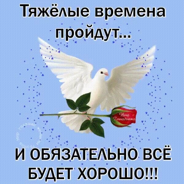 Мотивирующая картинка с белым голубем и текстом: «Тяжелые времена пройдут... И ОБЯЗАТЕЛЬНО ВСЕ БУДЕТ ХОРОШО!!!». Символ надежды, мира и позитива. Открытка Тяжелые времена пройдут... и обязательно все будет хорошо!!! Вдохновляющая картинка с белым голубем, летящим на фоне голубого неба, символизирующим мир и надежду. На изображении размещен оптимистичный текст на русском языке: «Тяжелые времена пройдут... И ОБЯЗАТЕЛЬНО ВСЕ БУДЕТ ХОРОШО!!!». Иллюстрация наполнена позитивной энергией и предназначена для поддержки, мотивации и поднятия настроения в трудные моменты жизни