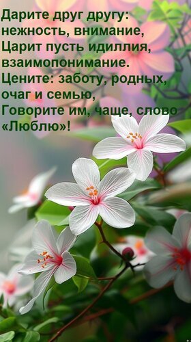 Душевная открытка с белыми цветами и словами о любви, нежности и семейных ценностях. Красивое поздравление для близких и любимых людей. Открытка Дарите друг другу: нежность, внимание, царит пусть идиллия, взаимопонимание. Цените заботу родных, Красивая открытка с нежными белыми цветами гибискуса и вдохновляющей цитатой о любви и семье. На изображении расположен текст о важности нежности, внимания, взаимопонимания и заботы о близких. Идеально подходит для поздравления любимых, отправки в мессенджерах или публикации в социальных сетях для создания уютной и теплой атмосферы