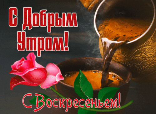 Поздравление с добрым воскресным утром: чашка кофе и роза. Красивая открытка для пожелания отличного настроения в воскресенье! Анимированная открытка Доброе утро! Красивая поздравительная открытка к воскресному утру. На изображении представлена чашка ароматного кофе, из которой наливается напиток, и нежный розовый цветок розы. На картинке расположены вдохновляющие надписи на русском языке: «С Добрым Утром!» и «С Воскресеньем!»