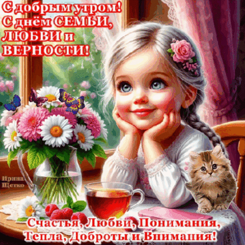 Красивая открытка к Дню семьи, любви и верности с девочкой, цветами и котенком. Поздравление с пожеланиями счастья, любви и тепла для близких. Анимированная открытка Доброе утро! Милая и трогательная открытка к Дню семьи, любви и верности. На изображении очаровательная девочка с косичками и цветами в волосах мечтательно смотрит на букет розовых и белых гербер. Рядом стоит чашка ароматного чая и маленький пушистый котенок. Теплая, уютная атмосфера праздника подчеркнута надписями на русском языке: «С добрым утром! С днем семьи, любви и верности!» и пожеланиями счастья, любви и доброты