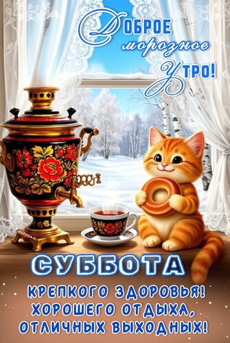 Милая открытка на субботу: рыжий котенок, самовар и горячий чай. Пожелание крепкого здоровья и отличных выходных в уютное морозное утро! Открытка Доброе морозное утро! Суббота. Крепкого здоровья, хорошего отдыха, отличных выходных! Уютная зимняя открытка с милым рыжим котенком, сидящим у окна. На переднем плане изображен традиционный расписной самовар, чашка горячего чая и аппетитный бублик. За окном — красивый заснеженный лес и морозное утро. Картинка наполнена атмосферой тепла, домашнего уюта и спокойствия