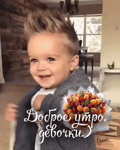 Милый мальчик с букетом цветов и надписью «Доброе утро, девочки...». Позитивная GIF-открытка для пожелания доброго утра и хорошего настроения. Анимированная открытка Доброе утро, девочки. Милое и позитивное видео (GIF) с улыбающимся маленьким мальчиком, который держит в руках красивый букет ярких цветов. На изображении наложен стильный текст на русском языке: «Доброе утро, девочки...»