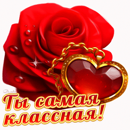Красивая открытка с красной розой и золотым сердцем. Надпись: «Ты самая классная!». Идеальное романтичное поздравление и комплимент для женщины. Анимированная открытка ТЫ Самая Классная! Красивая поздравительная открытка с изображением пышной ярко-красной розы, украшенной каплями росы, и золотого кулона в форме сердца с красным камнем. На переднем плане расположена надпись на русском языке «Ты самая классная!» золотистыми буквами с контуром