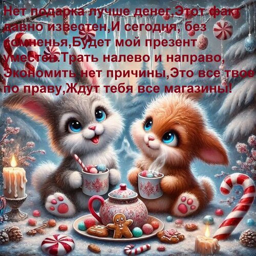 Милая новогодняя открытка с кроликами, сладостями и шуточным текстом про деньги. Идеально для праздничного настроения и поздравлений в соцсетях! Открытка Нет подарка лучше денег, этот факт давно известен, и сегодня, без сомненья, будет мой презент уместен Милая праздничная открытка с изображением двух пушистых кроликов в новогодней тематике. Маленькие зайчики сидят в заснеженном зимнем лесу и пьют какао из чашек. Вокруг них разложены праздничные сладости: имбирные человечки, леденцы-трости, конфеты и горящие свечи. На картинке наложен ироничный текст на русском языке о том, что лучший подарок — это деньги Милая новогодняя открытка с кроликами, сладостями и шуточным текстом про деньги. Идеально для праздничного настроения и поздравлений в соцсетях! Открытка Нет подарка лучше денег, этот факт давно известен, и сегодня, без сомненья, будет мой презент уместен Милая праздничная открытка с изображением двух пушистых кроликов в новогодней тематике. Маленькие зайчики сидят в заснеженном зимнем лесу и пьют какао из чашек. Вокруг них разложены праздничные сладости: имбирные человечки, леденцы-трости, конфеты и горящие свечи. На картинке наложен ироничный текст на русском языке о том, что лучший подарок — это деньги