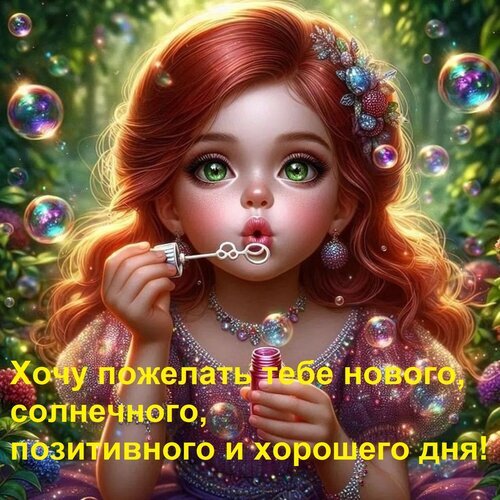Милая девочка с рыжими волосами пускает мыльные пузыри. Картинка с пожеланием солнечного, позитивного и хорошего дня. Волшебная открытка для соцсетей. Открытка Хочу пожелать тебе нового, солнечного, позитивного и хорошего дня! Цифровое художественное изображение милой девочки с рыжими волнистыми волосами и большими зелеными глазами, которая пускает мыльные пузыри. Девочка украшена изысканными цветочными аксессуарами в волосах и элегантными украшениями. На переднем плане виден текст на русском языке: Хочу пожелать тебе нового, солнечного, позитивного и хорошего дня!. Атмосфера картинки наполнена волшебством, светом и яркими цветами в сказочном садовом окружении Милая девочка с рыжими волосами пускает мыльные пузыри. Картинка с пожеланием солнечного, позитивного и хорошего дня. Волшебная открытка для соцсетей. Открытка Хочу пожелать тебе нового, солнечного, позитивного и хорошего дня! Цифровое художественное изображение милой девочки с рыжими волнистыми волосами и большими зелеными глазами, которая пускает мыльные пузыри. Девочка украшена изысканными цветочными аксессуарами в волосах и элегантными украшениями. На переднем плане виден текст на русском языке: Хочу пожелать тебе нового, солнечного, позитивного и хорошего дня!. Атмосфера картинки наполнена волшебством, светом и яркими цветами в сказочном садовом окружении