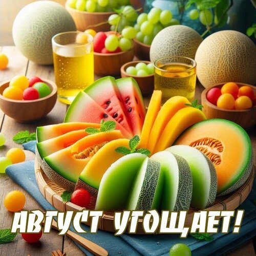 Сочное летнее ассорти: спелые арбузы, дыни, виноград и освежающие напитки. Идеальное сезонное угощение августа для вашего вдохновения! Открытка Август угощает Яркое и сочное сезонное ассорти из спелых фруктов и ягод, идеально передающее атмосферу августа. На деревянном столе представлено изобилие свежести: аппетитные ломтики арбуза, спелой дыни и дыни канталупы, дополненные мисками с виноградом, ягодами и освежающими напитками в стеклянных стаканах. Композиция наполнена солнечным светом и летней энергией, создавая ощущение праздника урожая и летнего угощения