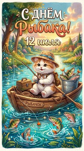 Поздравление с Днем рыбака 12 июля! Очаровательный котенок в лодке с удочкой и уловом на фоне красивой природы. Идеальная открытка для поздравления. Открытка С днем рыбака! Пусть каждый улов приносит радость, удачу и отличное настроение! Яркая и праздничная поздравительная открытка к Дню рыбака, который отмечается 12 июля. На иллюстрации изображен очаровательный рыжий котенок в панамке, сидящий в деревянной лодке на живописной реке. Котенок увлеченно ловит рыбу на удочку, а рядом с ним стоит ведро, полное свежего улова. Вокруг — идиллическая природа: леса, горы, цветы и солнечный свет