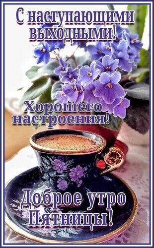 Поздравительная открытка на пятницу: чашка кофе и фиалки. Надписи: «С наступающими выходными!», «Хорошего настроения!» и «Доброе утро Пятницы!» Открытка С наступающими выходными! Красивая поздравительная открытка к пятнице. На изображении крупным планом чашка кофе в нарядной чашке с цветочным узором, стоящая на блюдце, а на заднем плане — нежные фиолетовые фиалки. На картинке расположены поздравительные надписи на русском языке: «С наступающими выходными!», «Хорошего настроения!» и «Доброе утро Пятницы!»