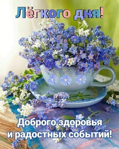 Открытка с незабудками: пожелание легкого дня, здоровья и радостных событий. Красивое весеннее изображение для добрых пожеланий в мессенджерах. Открытка Легкого дня! Доброго здоровья и радостных событий! Красивая поздравительная открытка с букетом нежно-голубых незабудок в фарфоровой чашке. На изображении присутствуют надписи на русском языке: «Легкого дня!» вверху и «Доброго здоровья и радостных событий!» внизу. Композиция выполнена в светлых, весенних тонах, создавая атмосферу уюта, нежности и позитивного настроения