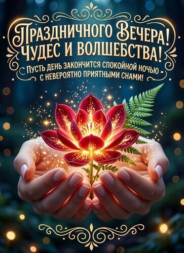 Магическая открытка с пожеланием чудесного вечера и спокойной ночи. Светящийся цветок в руках и сказочная атмосфера волшебства и добрых снов. Открытка День Ивана Купалы Праздничная открытка с пожеланием чудесного вечера, волшебства и спокойной ночи. На изображении нежные женские руки бережно держат светящийся магический цветок глубокого красного цвета, излучающий золотистое сияние и искры. Фон наполнен мягким боке из светящихся огней и сказочной лесной атмосферой