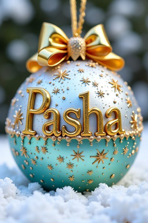Персонализированный новогодний шар с надписью Pasha. Золотой бант, бирюзовые и серебристые тона, золотые звезды и глиттер. Идеальное праздничное украшение! Открытка Шар для Паши Красивый новогодний елочный шар с персонализированной надписью «Pasha». Декор выполнен в изысканном стиле: верхняя часть шара имеет серебристое покрытие с золотыми звездами, а нижняя — бирюзовый градиент. Украшение венчает пышный золотой бант, а вся поверхность детализирована золотым глиттером и мерцающими искрами. Шар эффектно смотрится на фоне пушистого белого снега, создавая праздничную и теплую атмосферу зимних праздников