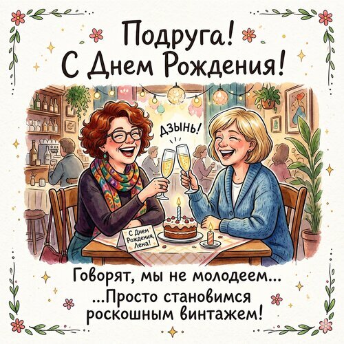 Юмористическая открытка «Подруга, с днем рождения!». Две подруги празднуют в кафе с тортом и шампанским. Текст: «Мы не молодеем, а становимся роскошным винтажем!» Открытка Подруга! С днем рождения! Иллюстрация к поздравительной открытке для подруги с днем рождения. На картинке две веселые женщины сидят в уютном кафе и празднуют событие, чокаясь бокалами шампанского. На столе стоит праздничный торт со свечой. На картинке написан текст на русском языке: «Подруга! С Днем Рождения!» и шутливая фраза: «Говорят, мы не молодеем... Просто становимся роскошным винтажем!». Стиль рисунка — теплая, детализированная цифровая иллюстрация с уютной атмосферой праздника