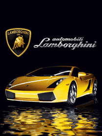 Золотистый суперкар Lamborghini с логотипом бренда на темном фоне и эффектным отражением в воде. Символ роскоши, скорости и итальянского стиля. Анимированная открытка Ламборджини автомобили движущиеся gif Стильное рекламное изображение золотистого суперкара Lamborghini на темном фоне. Композиция включает детальное логотип Automobili Lamborghini в левом верхнем углу и роскошный желтый спорткар, отражающийся в водной глади под ним