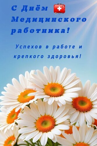 Поздравительная открытка к Дню медицинского работника с букетом белых ромашек и пожеланиями успехов в работе и крепкого здоровья. Открытка С ДНЕМ Медицинского Работника! Успехов В Работе И Крепкого Здоровья! Красивая поздравительная открытка к Дню медицинского работника. На фоне нежно-голубого неба изображен пышный букет белых ромашек с ярко-желтыми сердцевинами. В верхней части картинки расположена праздничная надпись темно-синего цвета: «С Днем Медицинского работника! Успехов в работе и крепкого здоровья!». Рядом с текстом находится маленькая иконка красной аптечки с белым крестом