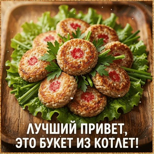 Необычный букет из золотистых котлет на свежем салате. Оригинальная подача мясного блюда, которая станет лучшим приветствием и украшением любого стола! Анимированная открытка Лучший привет, это букет из котлет! Аппетитное и креативное блюдо — букет из котлет, красиво сервированный на подушке из свежих листьев салата. Золотистые, поджаристые котлеты украшены яркими акцентами (возможно, томатами или ягодами), создавая эффект цветочного букета. Фотография выполнена в теплых тонах на деревянной доске, что подчеркивает домашний уют и высокое качество приготовления